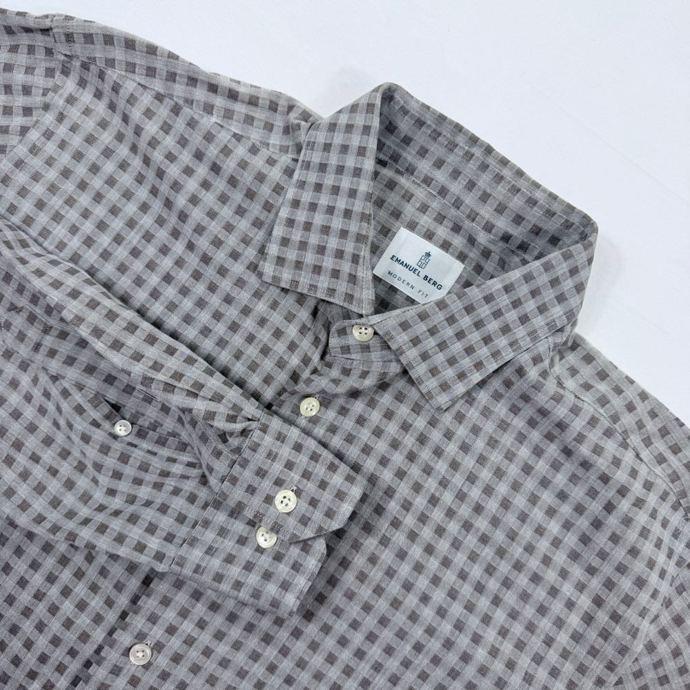 Emanuel Berg Gingham Check‎ Button Down Shirt Modern Fit 37 Grey Brown Mens